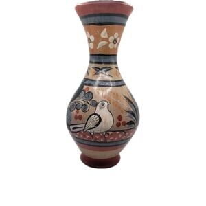 Vintage Tonala Hand Painted Mexican Folk art Bird Flower Pottery Vase